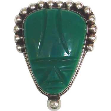 Vintage Mexican Pin with Carved Green Stone Face - image 1