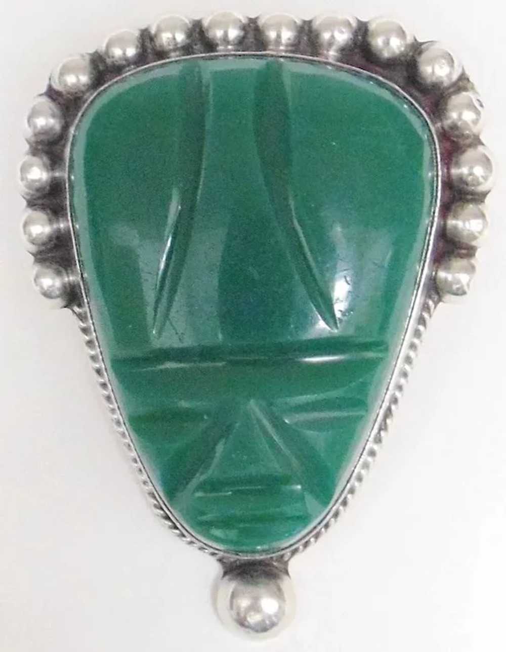 Vintage Mexican Pin with Carved Green Stone Face - image 4