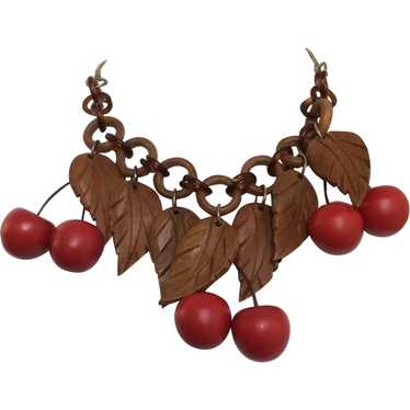 Vintage Wood Cherry Necklace - image 1