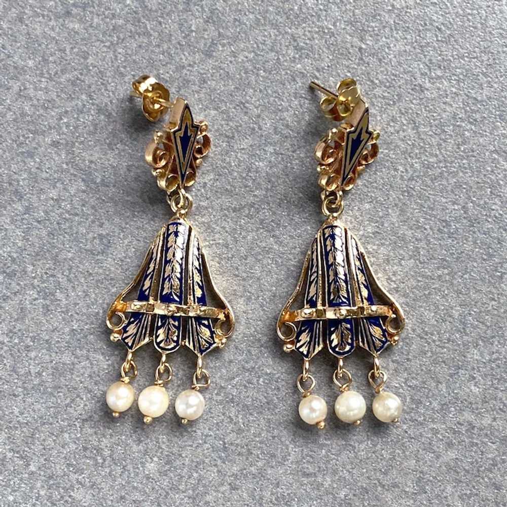 Victorian Revival Gold Earrings with Blue Enamel … - image 2