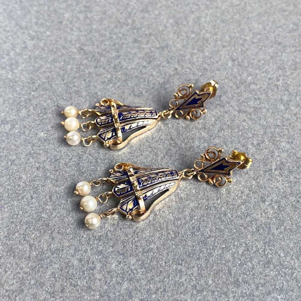 Victorian Revival Gold Earrings with Blue Enamel … - image 3