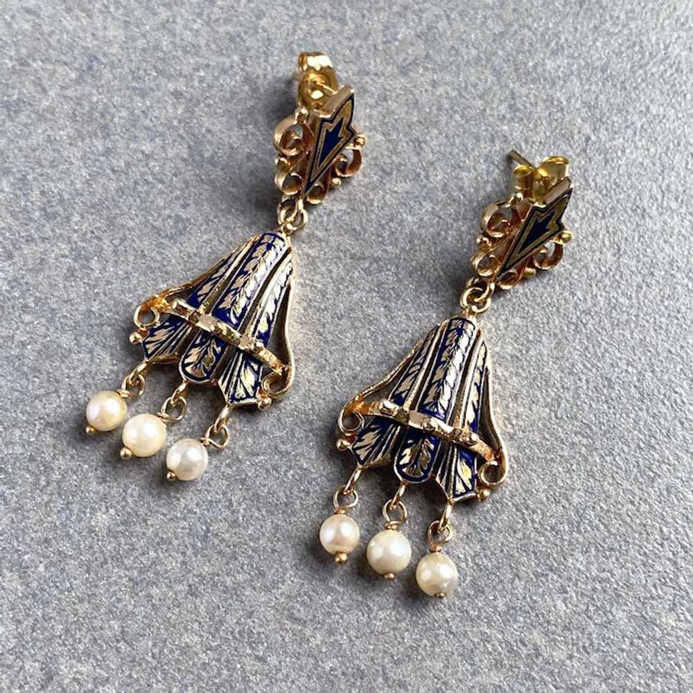 Victorian Revival Gold Earrings with Blue Enamel … - image 4
