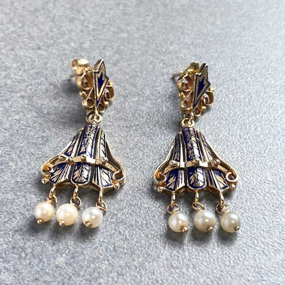 Victorian Revival Gold Earrings with Blue Enamel … - image 5