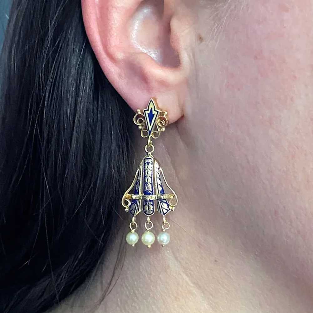 Victorian Revival Gold Earrings with Blue Enamel … - image 8