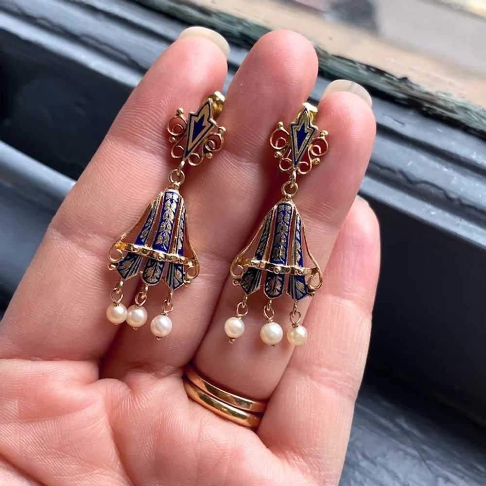 Victorian Revival Gold Earrings with Blue Enamel … - image 9