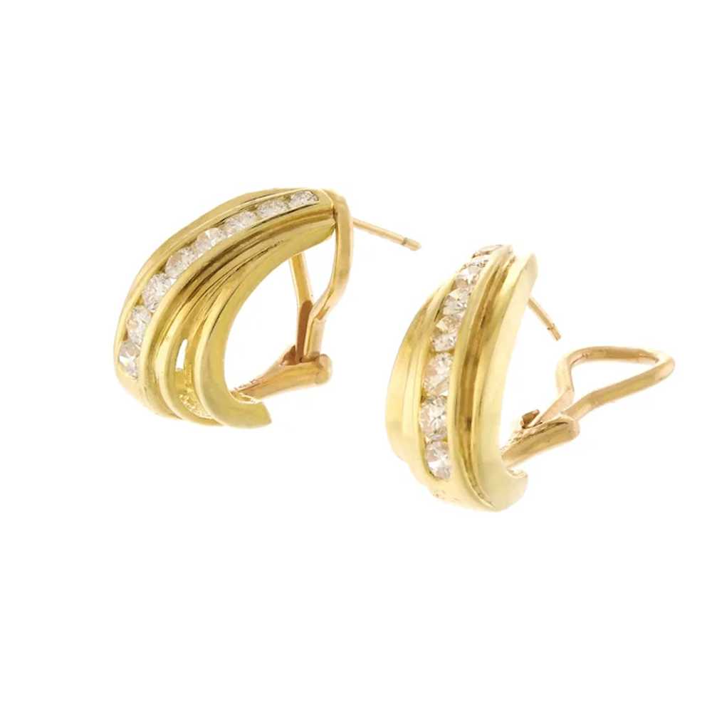 14k Gold Tapered Hoop Earrings with Diamonds - image 2