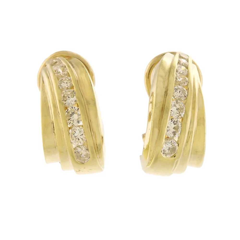 14k Gold Tapered Hoop Earrings with Diamonds - image 3