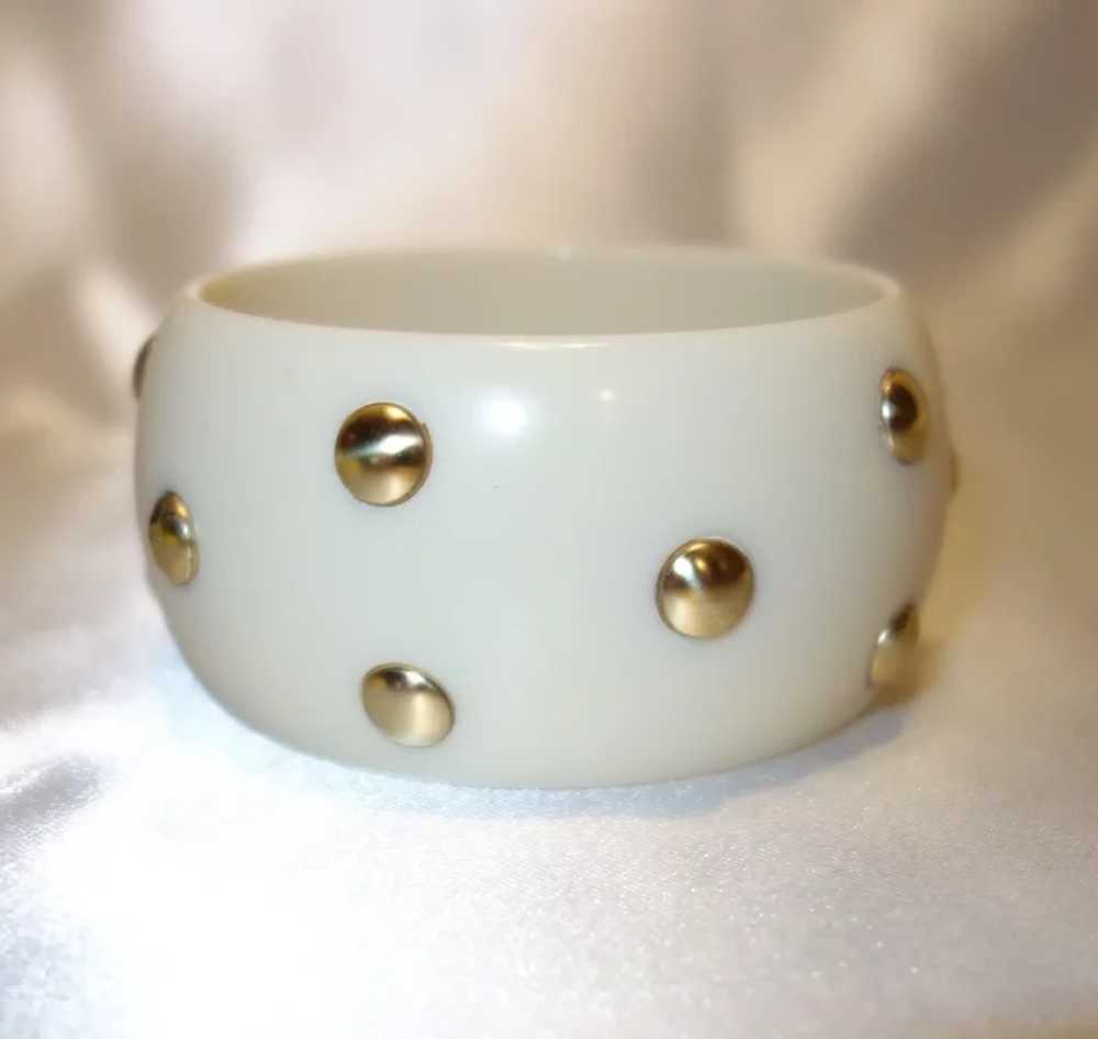 Vintage Wide Cream Lucite Bangle Bracelet with Em… - image 2