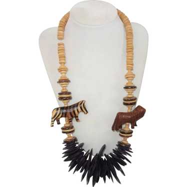 Vintage Chunky Boho Wooden Beaded Animal Necklace