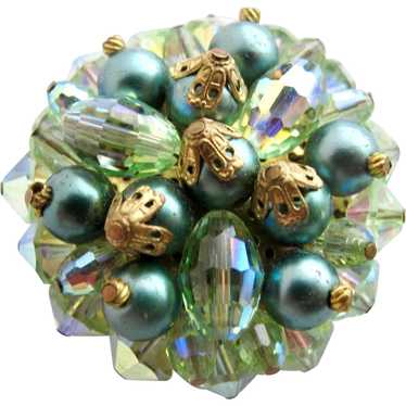 Vintage Green Crystal and Faux Pearl Pin / Pendant - image 1