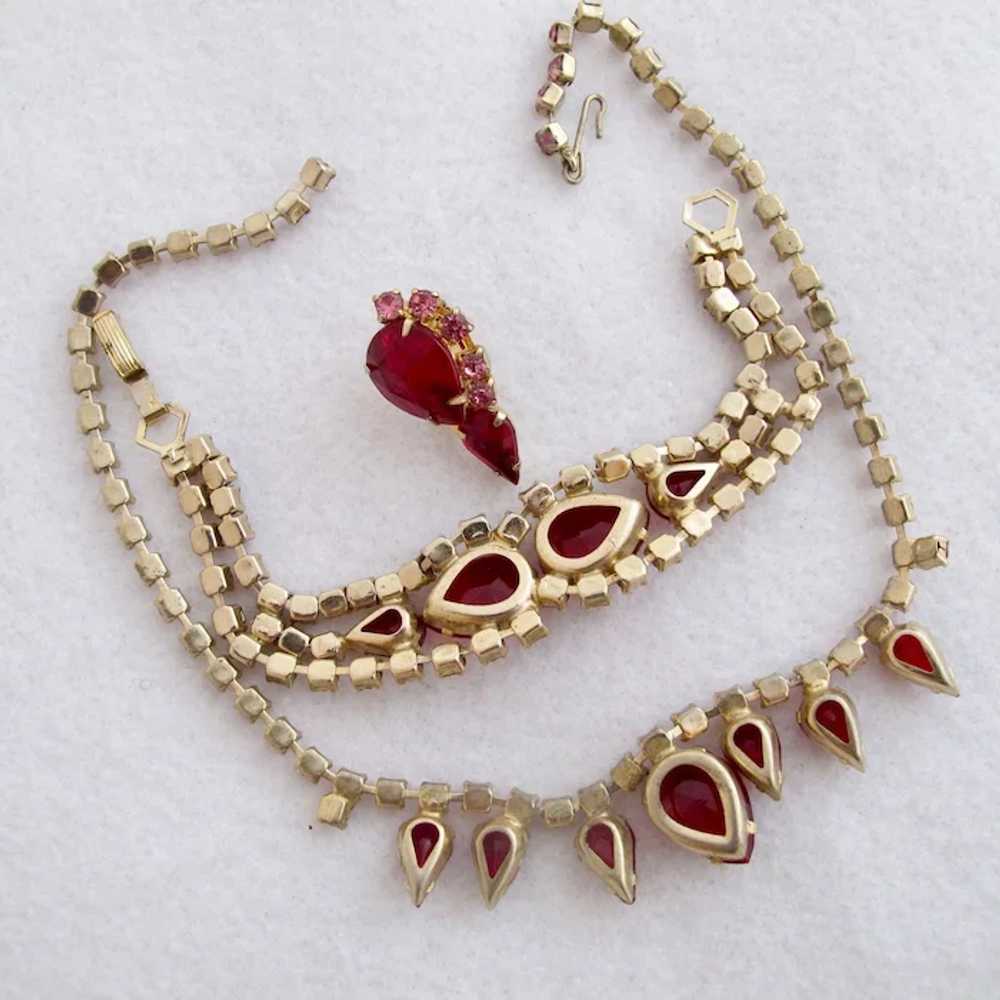 Vintage Red Teardrop Rhinestone Necklace and Brac… - image 8