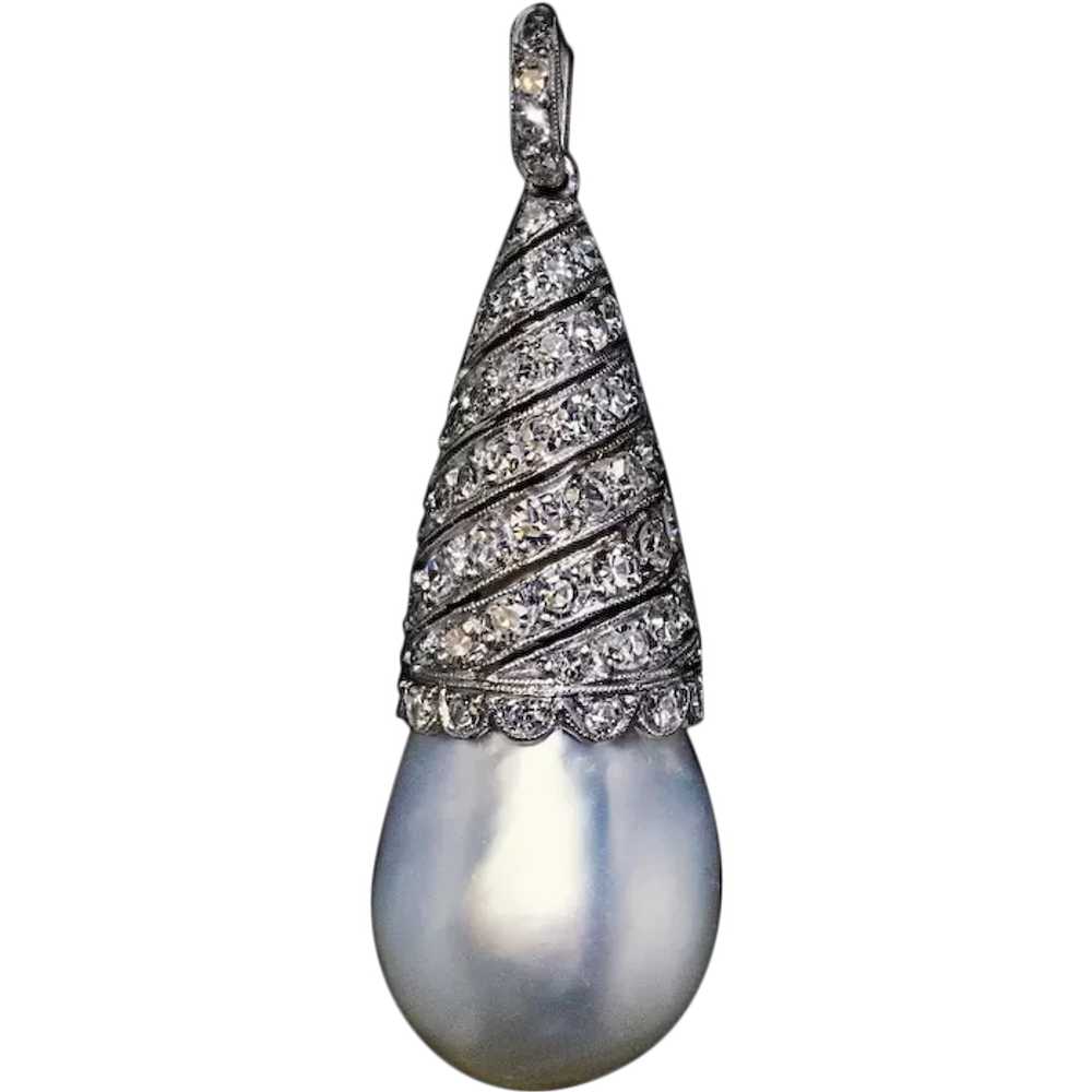 Art Deco Vintage Pearl Diamond Platinum Pendant - image 1