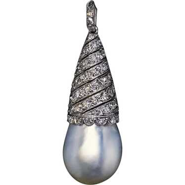 Art Deco Vintage Pearl Diamond Platinum Pendant - image 1