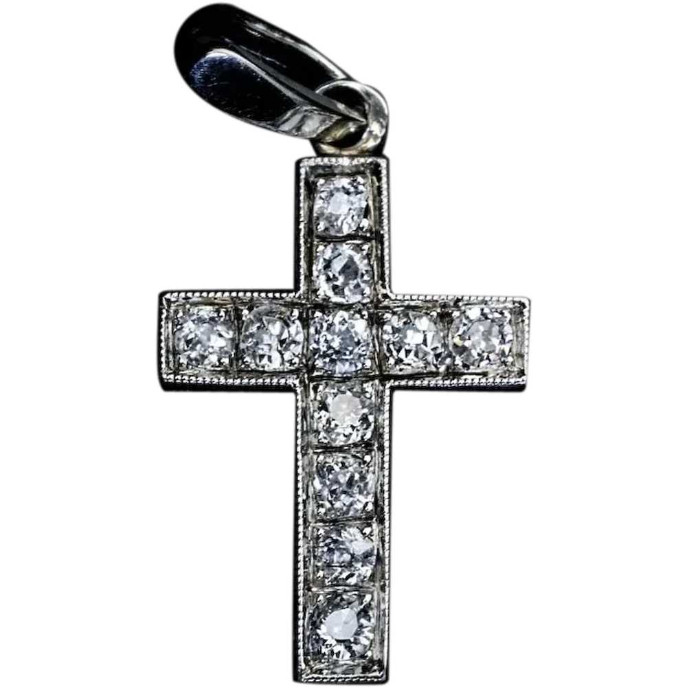 Art Deco Old Mine Diamond Cross Pendant - image 1