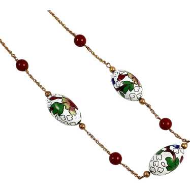 White Cloisonne & Gemstone Necklace Gold Filled - image 1