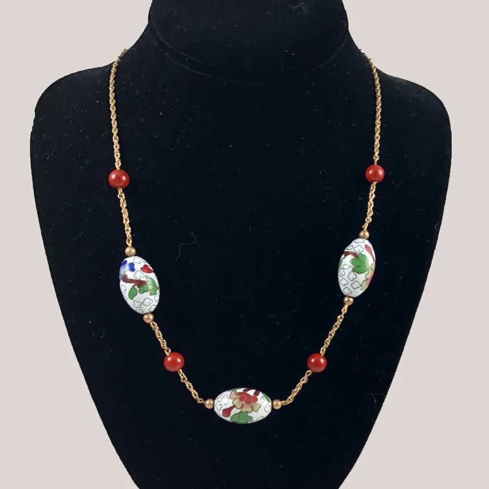 White Cloisonne & Gemstone Necklace Gold Filled - image 2