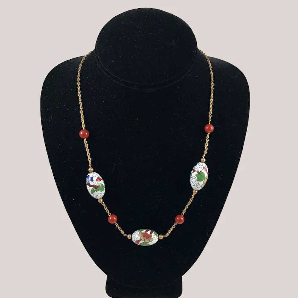 White Cloisonne & Gemstone Necklace Gold Filled - image 4