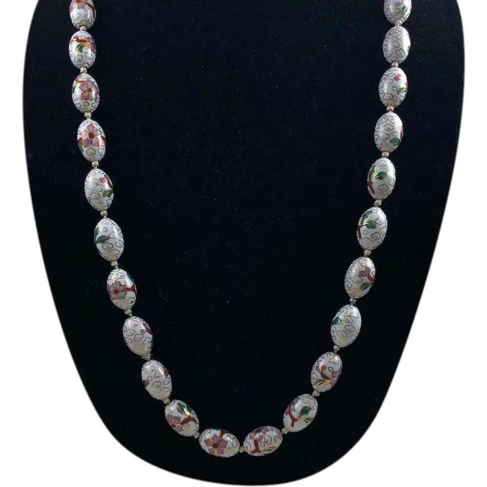 White Cloisonne Beaded Necklace Vintage Long - image 1