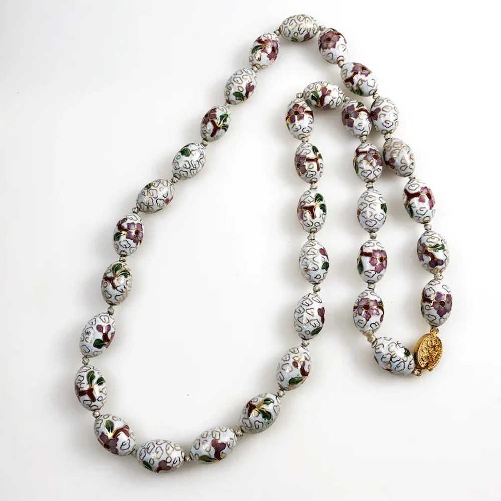 White Cloisonne Beaded Necklace Vintage Long - image 2