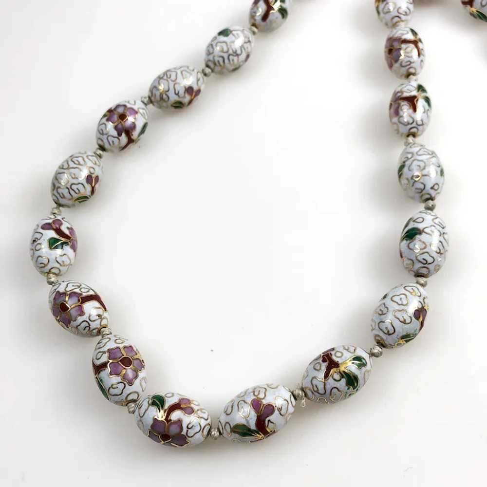 White Cloisonne Beaded Necklace Vintage Long - image 3