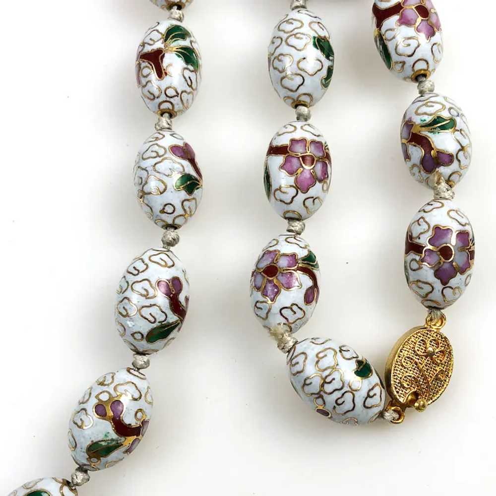 White Cloisonne Beaded Necklace Vintage Long - image 5