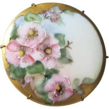 Vintage Hand-painted Porcelain Pin on Brass - Pin… - image 1
