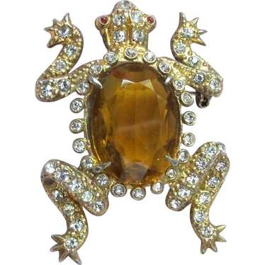 Fun Vintage Rhinestone Frog pin w/ Large Amber Fau