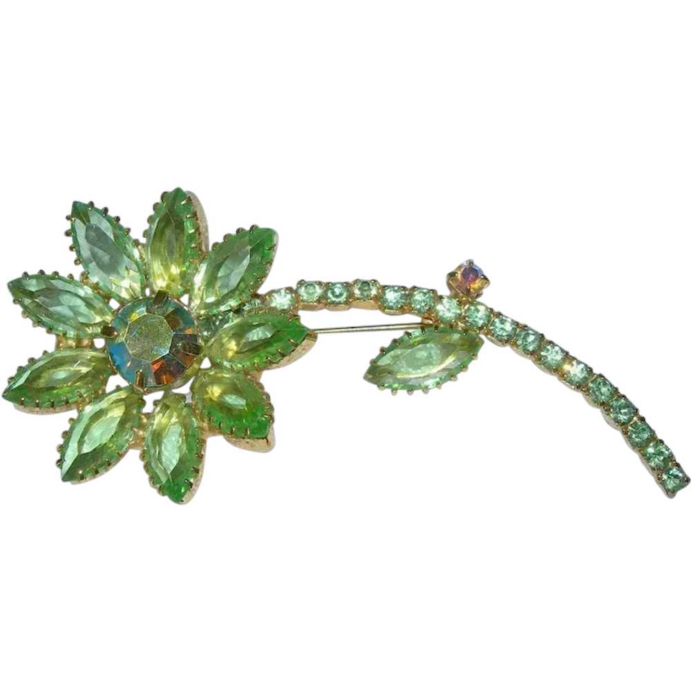 Vintage Green Crystal Rhinestone Flower Brooch - image 1