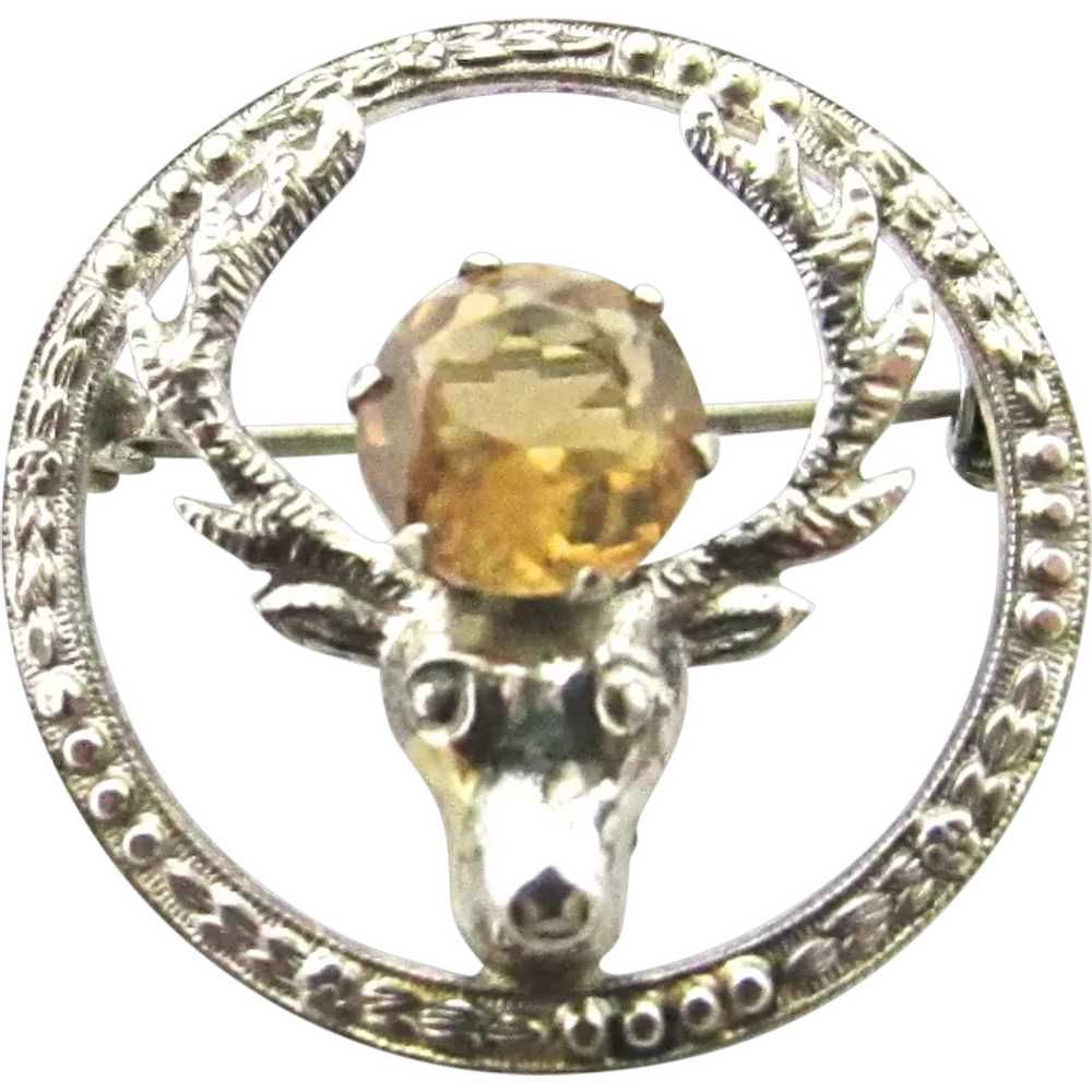 Vintage Sterling Silver 4 CTW Citrine Marcasite Flower Brooch