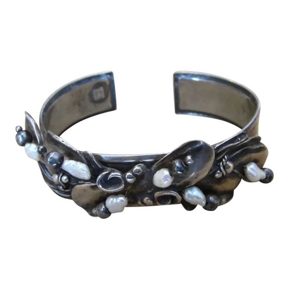 Sterling and Seed Pearl  Signed Vintage Cuff Brac… - image 1