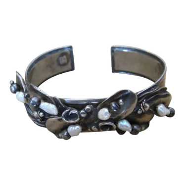 Sterling and Seed Pearl  Signed Vintage Cuff Brac… - image 1