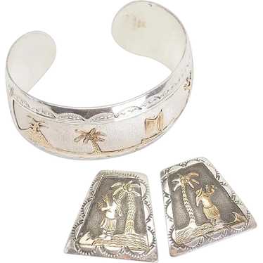 Vintage sterling silver gold filled bracelet earr… - image 1