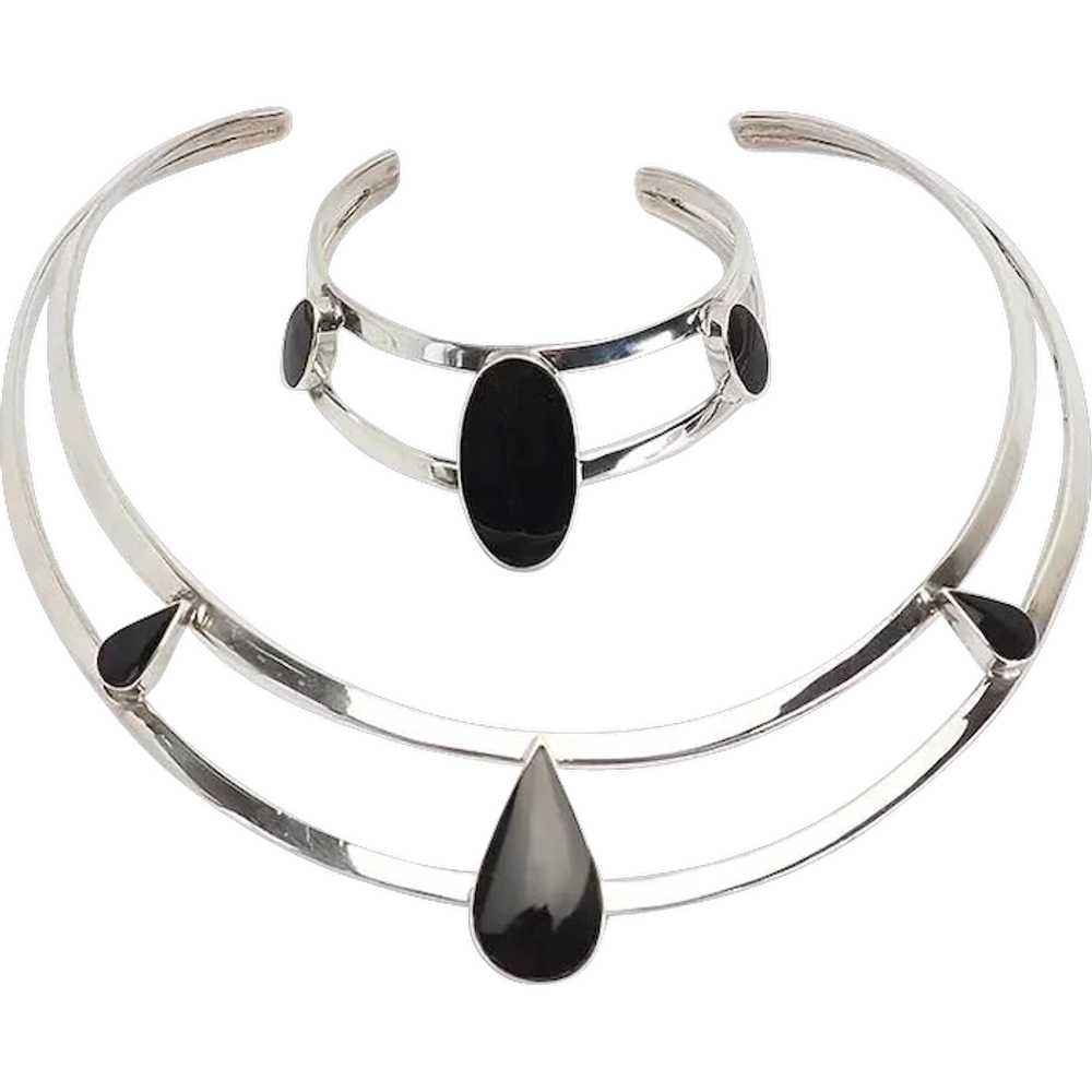 Vintage sterling silver modernist black onyx neck… - image 1