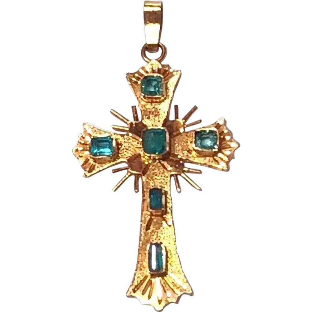 Natural Colombian Emerald & 18K Gold Cross Pendan… - image 1