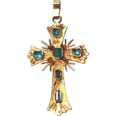 Natural Colombian Emerald & 18K Gold Cross Pendan… - image 1