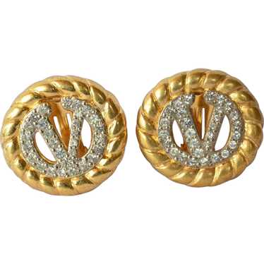 Pair of vintage Valentino earrings, gold tone/rhi… - image 1