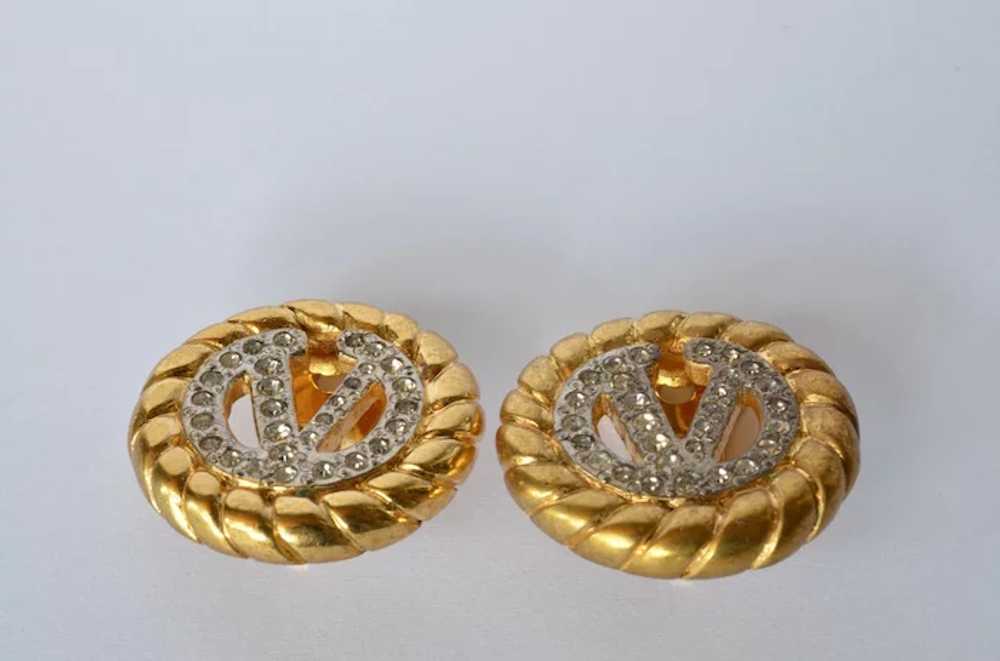 Pair of vintage Valentino earrings, gold tone/rhi… - image 2