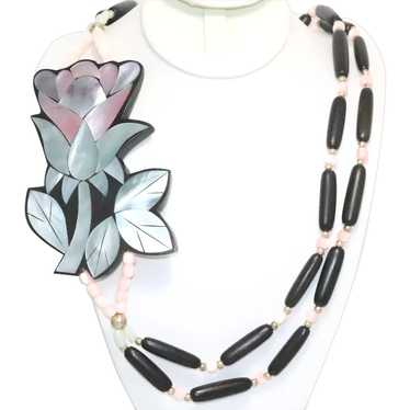 Vintage Mother Of Pearl Rose Black Beaded Necklace - image 1