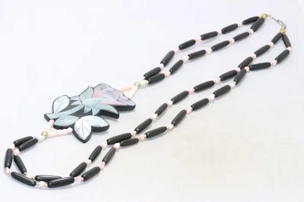 Vintage Mother Of Pearl Rose Black Beaded Necklace - image 2