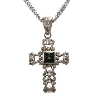 Vintage Sterling Silver Black Onyx Cross Necklace - image 1