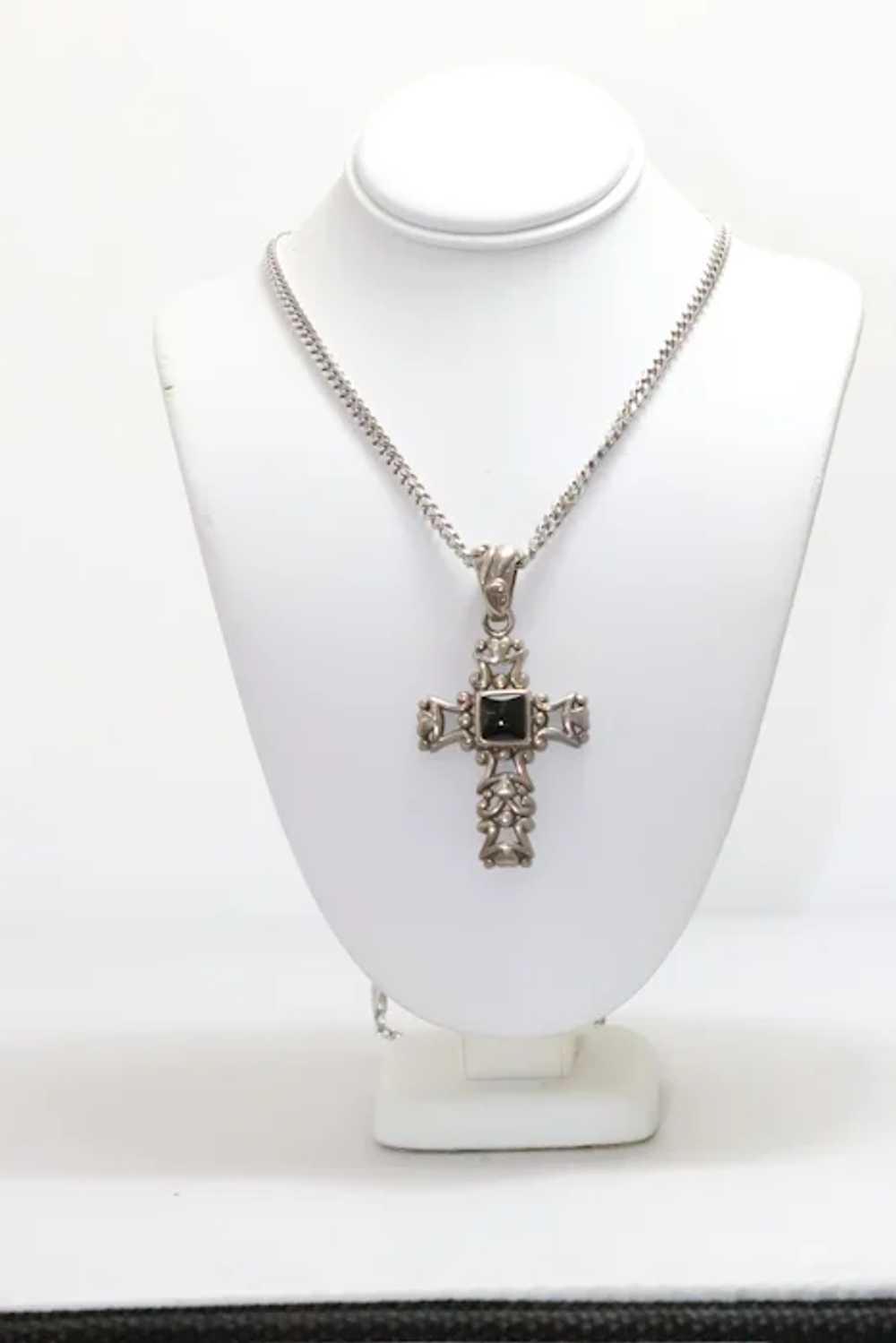 Vintage Sterling Silver Black Onyx Cross Necklace - image 2