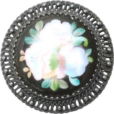 Vintage Costume Ceramic Floral Round Brooch