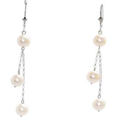 14K White Gold Dangling Pearl Earrings