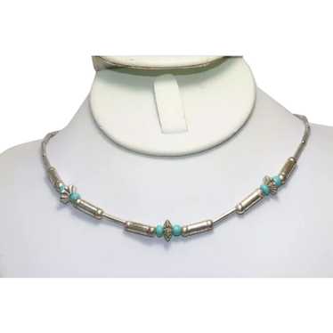 Vintage Sterling Silver Turquoise Beaded Necklace - image 1