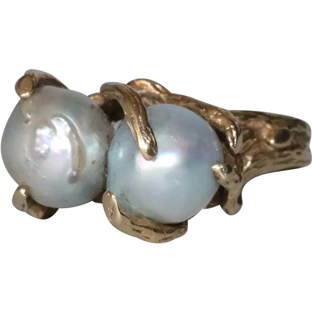 Vintage 14K Yellow Gold Double Baroque Pearl Ring - image 1
