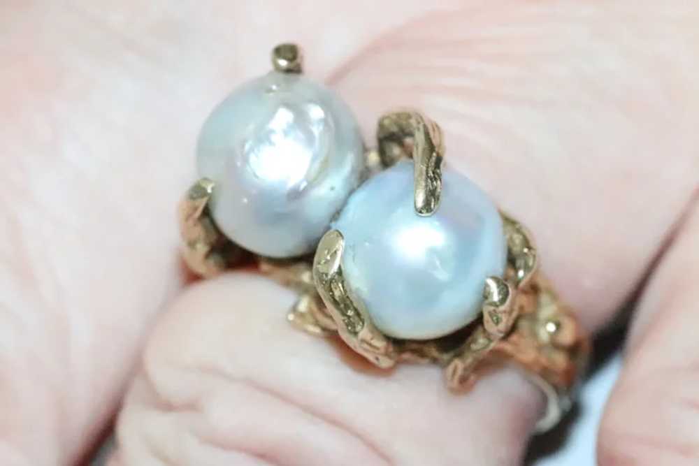 Vintage 14K Yellow Gold Double Baroque Pearl Ring - image 2