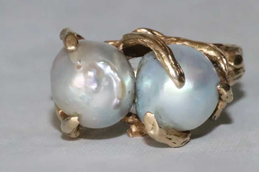 Vintage 14K Yellow Gold Double Baroque Pearl Ring - image 3