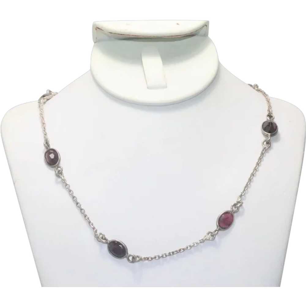 Vintage Sterling Silver Bezel Set Garnet Necklace - image 1