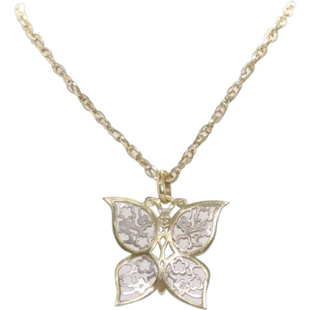 14KT Two Tone Gold Floral Butterfly Necklace - image 1