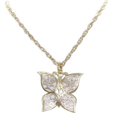 14KT Two Tone Gold Floral Butterfly Necklace - image 1